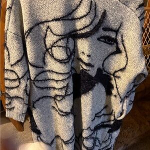 Simply Couture Abstract Face Knit Cardigan - Gray & Black